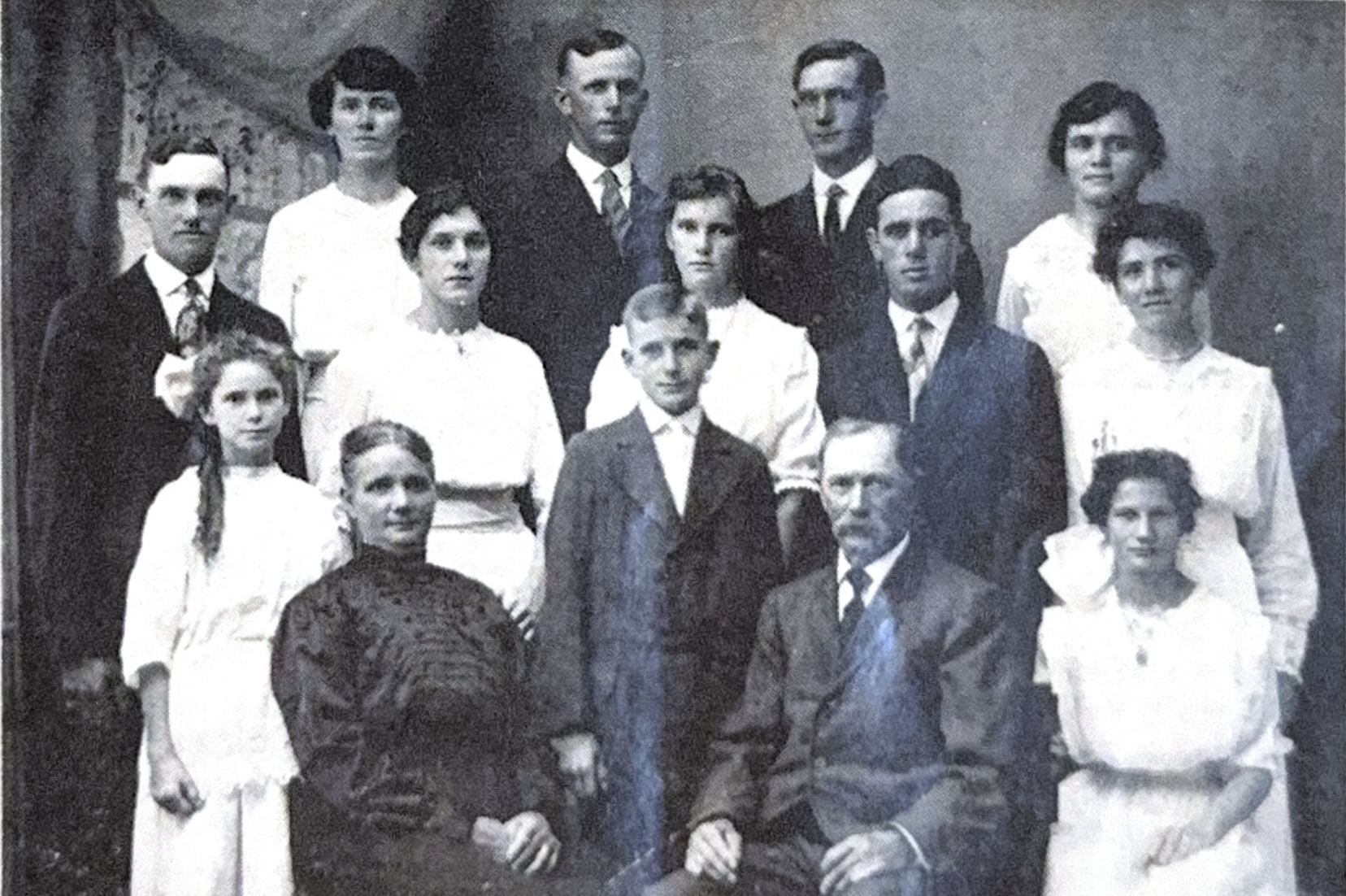 Large family portrait showing multiple generations of the Guebert family